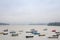 Zemun Quay Zemunski Kej in Belgrade, Serbia, on the Danube river, seen in autumn, during a misty foggy afternoon.