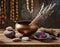 Zen atmosphere, relaxation, meditation, with a Tibetan bowl, incense sticks, sage, crystals and semi-precious stones