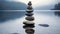 Zen balancing pebbles next to a misty lake. Generative AI