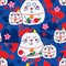 Zen cat Maneki look fan mountain sun sakura seamless pattern