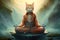 Zen cat meditates in tranquil setting. Serene feline in lotus pose seeks enlightenment inner peace. Pondering serenity