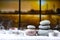 Zen concept, spa pebbles stones and burning aroma candles smoke, Treatment aromatherapy and massage copy space