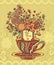 Zen-doodle cup of tea with flowers red yellow green on beige background