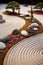 Zen garden meditation stone background, closeup of sand and zen stones