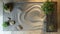 Zen garden with raked sand, smooth stones, and greenery