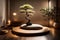 A zen-inspired meditation space featuring a minimalist wooden platform