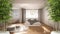 Zen interior with potted bamboo plant, natural interior design concept, minimalist luxury bedroom with bathroom, double bed and