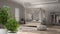 Zen interior with potted bamboo plant, natural interior design concept, minimalist luxury bedroom with carpets, canopy bed and