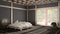 Zen japanese empty minimalist bedroom, wooden roof, tatami floor, futon, double bed, big window on zen garden, meditative space,