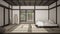 Zen japanese empty minimalist bedroom, wooden roof, tatami floor, futon, double bed, big window on zen garden, meditative space,