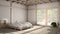 Zen japanese empty minimalist bedroom, wooden roof, tatami floor, futon, double bed, big window on zen garden, meditative space,