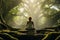 Zen-like woman meditating beneath canopy of ancient trees. Generative AI