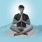 Zen, meditation and man on poster, mountain on blue background and yoga pose in balance. Art, advertising and creative