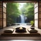 A zen meditation space with floor cushions, incense burners, bamboo screens, and a calming waterfall feature1