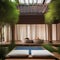 A zen meditation space with floor cushions, incense burners, bamboo screens, and a calming waterfall feature2