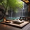 A zen meditation space with floor cushions, incense burners, bamboo screens, and a calming waterfall feature3