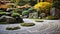 A Zen rock garden with raked sand, stones, and a bamboo fence