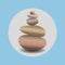 Zen stone balance, realistic image in round blue frame. 3D image of stones.