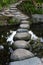 Zen stone path in a Japanese Garden across a tranquil pond in Ok