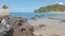 Zen stones balance at stony beach and sea background