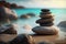 Zen stones balanced on the beach. Sunrise light. Meditation and relaxation. Ai generative