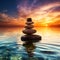 zen stones on a calm sea reflects the warm hues of a mesmerizing sunset, creating a peaceful and harmonious atmosphere