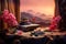 Zen stones, orchid flowers and aromatic candles spa arrangement on wooden table