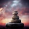 Zen stones stack 3d illustration, balanced pebbles in pile with sunset on the background, calm and harmony concept