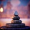 Zen stones stack 3d illustration, balanced pebbles in pile with sunset on the background, calm and harmony concept