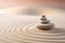 Zen stones stack on raked sand in a minimalist setting for balance and harmony