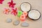 Zen tropical background with coconuts, plumeria flowers, rocks, and burning candles