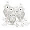 Zentangle stylized black and white three owls sitting on the tree branches, hand drawn