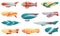 Zeppelin. Passenger airships set. Bright colored cigar shaped balloons or retro zeppelin with stripes cabins for people