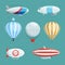 Zeppelins, big airships and balloons with cabin. Vector illustrations set in cartoon style