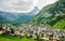 Zermatt aerial cityscape with Matterhorn summit in background and overcast weather in Zermatt Switzerland