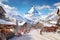 Zermatt, Switzerland. Abastract image of a Christmas Market, Matterhorn Mountain in Alps, AI generative