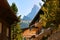 Zermatt, Switzerland - August 24, 2016: Chalets of resort city Zermatt with Matterhorn mountain in Switzerland in summer