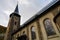 Zermatt, Switzerland-October 21, 2019:The Old chuch Building on Zermatt Bahnhofstrasse street in autumn and rainny day. ,Zermatt