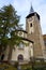 Zermatt, Switzerland-October 21, 2019:The Old chuch Building on Zermatt Bahnhofstrasse street in autumn and rainny day. ,Zermatt