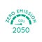 Zero emission by 2050. Gauge arrow set to zero. Carbon neutral.
