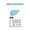 Zero emissions factory icon. Vector illustration of a facrory building with a leaf eco symbol. Represents concept of environmental