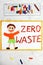 Zero waste concept. Smiling boy and words. Zero waste.