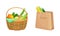 Zero waste durable and reusable products set. Wicker basket and eco paper grocery bag with vegetables cartoon vector