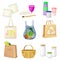 Zero Waste Everyday Items with Shopping Bag and Water Flask as Reused Objects Vector Set