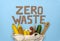 Zero waste inscription on a blue background. Environmental movement to reduce plastic waste