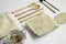 Zero waste kit. Set of eco friendly bamboo cutlery, mesh cotton bags, bamboo toothbrush, glass jars and loofah sponge