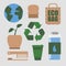 Zero waste set, flat icons. Recycling sign, planet Earth, bamboo toothbrush, wooden brush, glass bottle, reusable cup, paper bag,