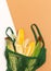 Zero waste shopping concept - groceries in textile mesh bags, Organic corn top view wallpaper
