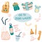 Zero waste vector illustrations set. Durable and reusable items or products - glass jars, eco grocery bags, bamboo toothbrush,