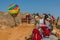 ZHANGYE, CHINA - AUGUST 23, 2018: Hot air balloon and tourists in Zhangye Danxia National Geopark, Gansu Province, Chi